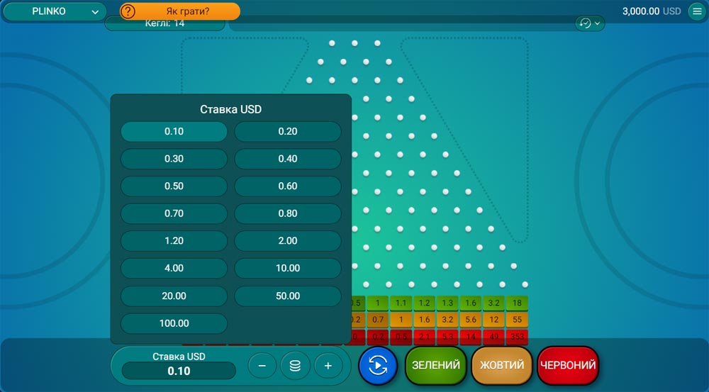 Табло гри Plinko з розмірами можливих ставок: показані варіанти ставок для гравців