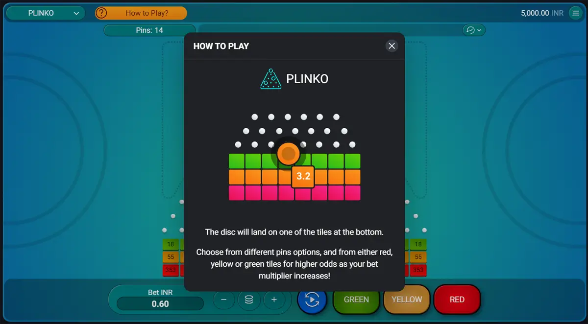 Plinko tutorial explaining how to play, with a ball landing on a multiplier tile.