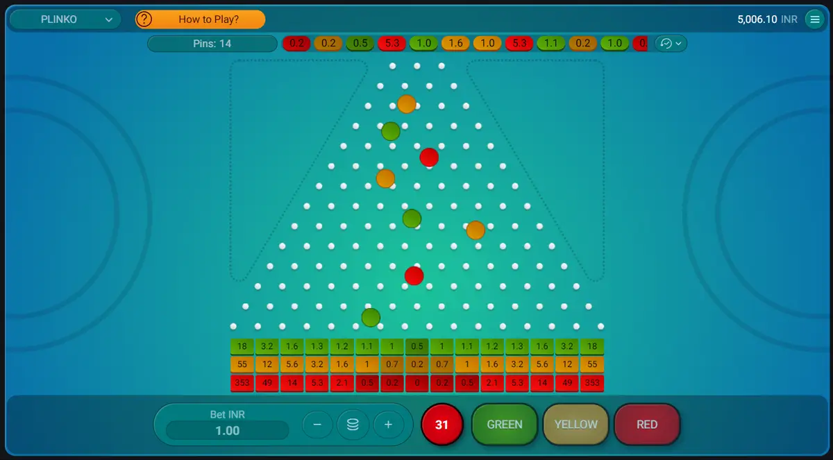 Ongoing Plinko game showing colored balls falling through the pyramid of pegs.