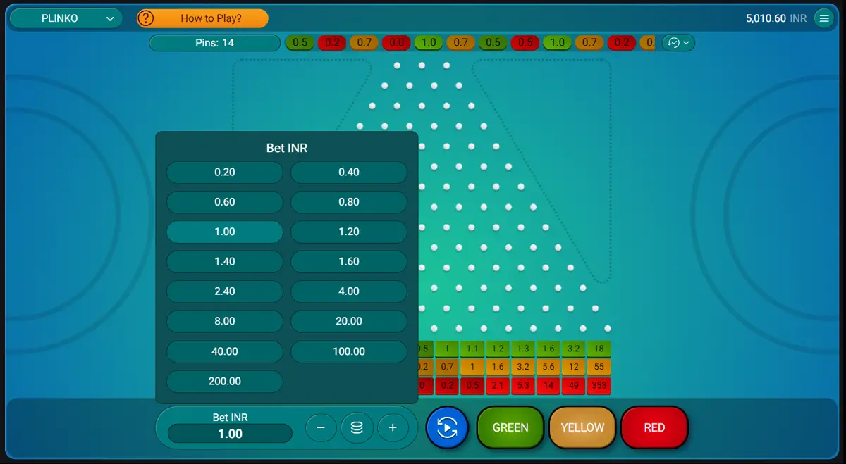 Plinko betting options displayed with various bet amounts in INR.