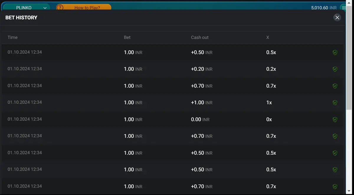 Plinko bet history showing recent bets, cash out values, and multipliers.